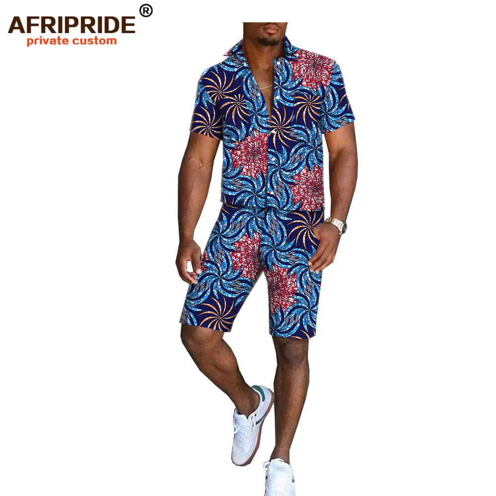 Африканский принт, летние шорты, набор для мужчин, AFRIPRIDE, короткий рукав, однобортный Топ+ шорты до колен, повседневный комплект A1816006 - Цвет: 571