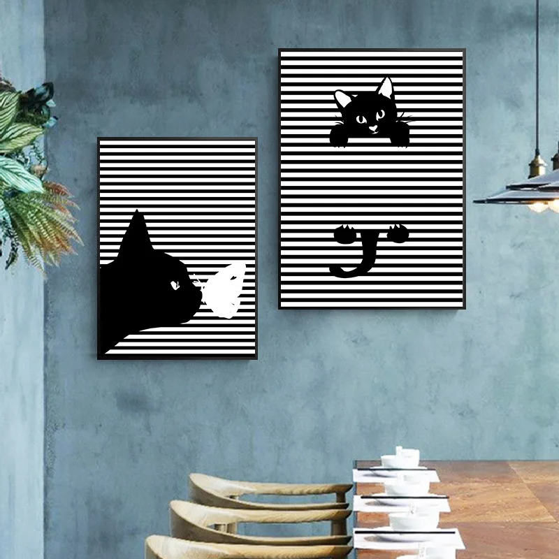 

Creative Black White Posters Nordic Abstract Animal Decorative Painting Modern Cats Playing Canvas Art Living Room Decor Photos