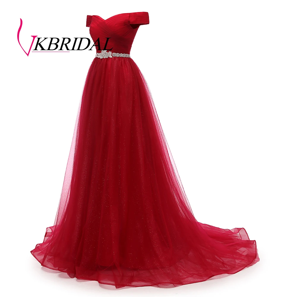 VKBRIDAL, Красное длинное вечернее платье с открытыми плечами и поясом, расшитое бисером, винтажные платья для выпускного вечера, vestido de festa, недорогое вечернее платье со шнуровкой на спине