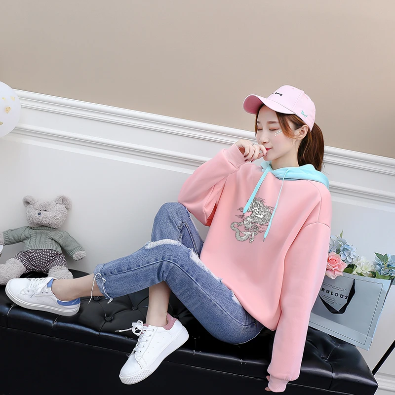 

Autumn Winter Fleece Hoodie Casual Harajuku Kawaii Funny Chinese Dragon Print Sweatshirt Women Hit Color Stitching Tops Clothing