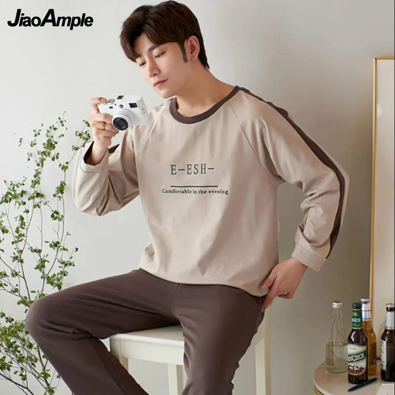 100% Cotton Pajamas Men's O-Neck Long-sleeved Trousers Pijamas Two-piece 2022 Sprin  Fall New Casual Sleepwear Home Clothes Suit