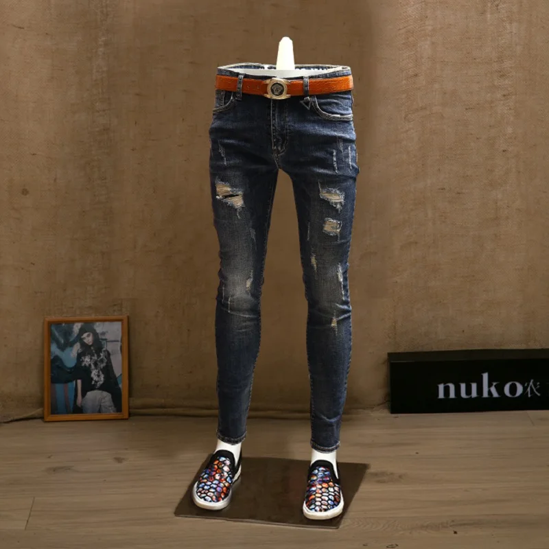 Fashion Mens Skinny Ripped Jeans Blue Midweight Jean Pencil Pants for Men Streetwear