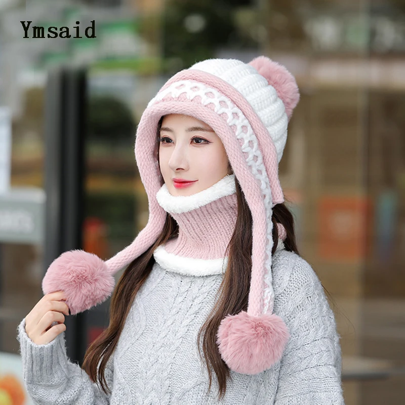 

Новинка 2021, зимние вязаные шапки, женские шапки с помпоном в стиле пэчворк, шапки-ушанки, теплая плотная Лыжная шапка, шарф, комплект из двух ...