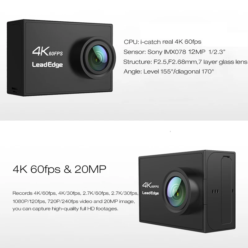 Фото Экшн камера LeadEdge V39 4K/60FPS 20 МП 2 0 дюйма IPS сенсорный ЖК экран Экшн-камеры Экшн камера LeadEdge V39 4K/60FPS 20 МП 2 0 дюйма IPS сенсорный ЖК экран Экшн-камеры