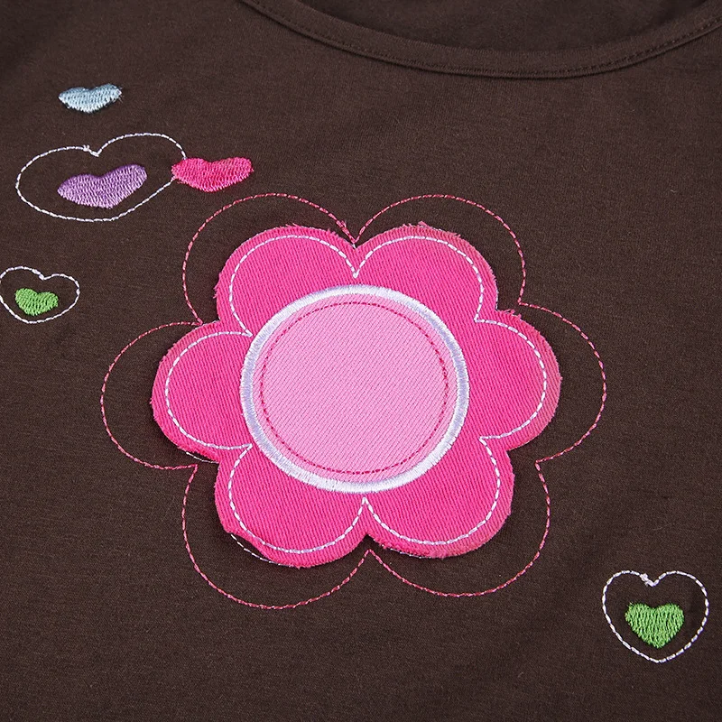 

Vintage Y2K Aesthetics Patchwork Flower Pattern T-shirts 2000s Fashin Heart Embroidery Pink Long Sleeve Crop Tops E-girl Tees