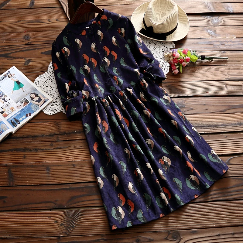 

Mori Girl Autumn Spring Women Baggy Dress Stand Collar Bird Printed Loose Clothes Long Sleeve Elegant Corduroy Mini Cute Dresses