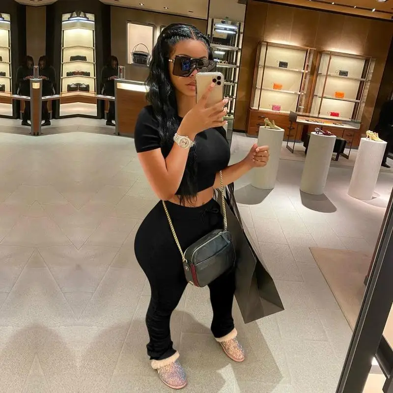 Tracksuits Women Two Piece Set Short Sleeve Shirt Crop Top + Flare Pants Casual Stacked Joggers Bell Bottom Matching Suits |