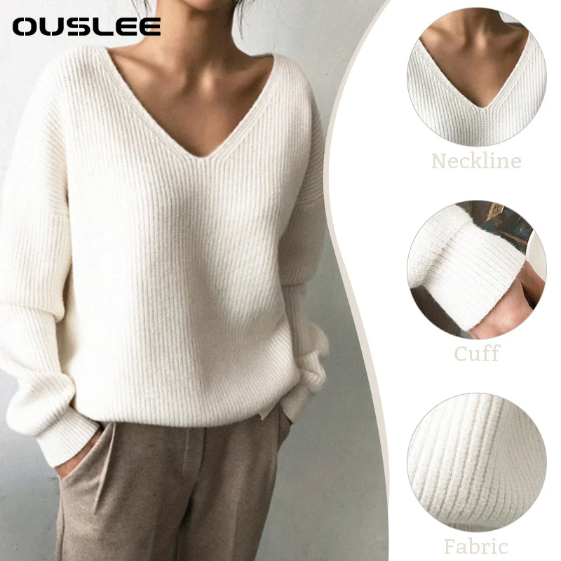 Свитер OUSLEE женский с длинным рукавом базовый однотонный пуловер V-образным