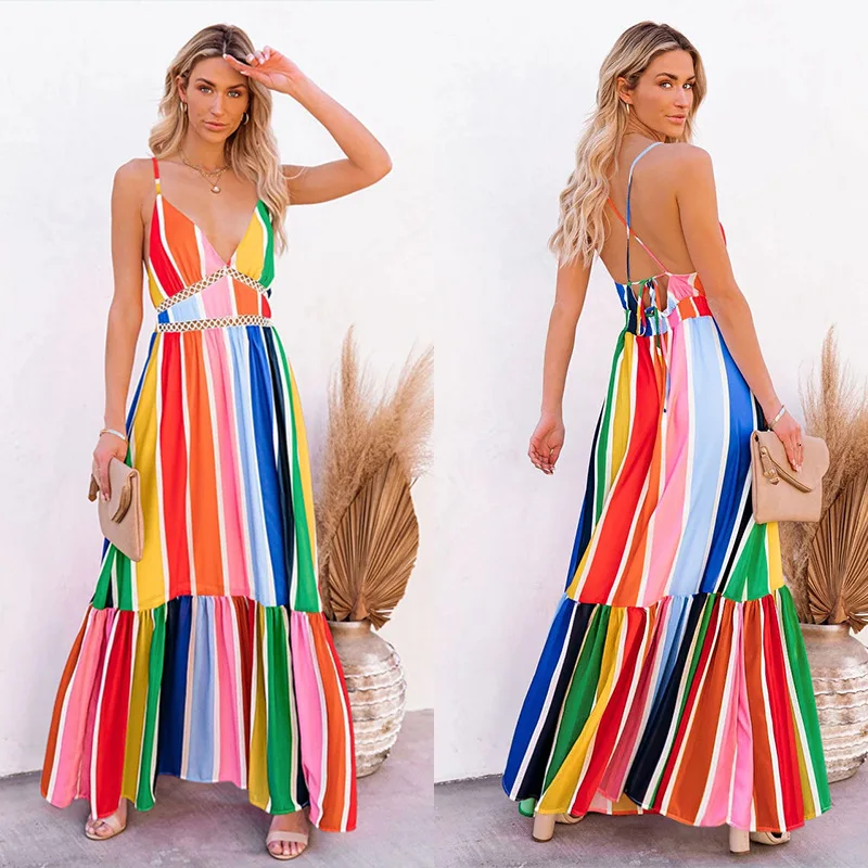 

Xia new women's dress rainbow strip skirt sling backless dress
