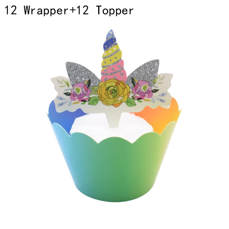 24pcs style-3 24 шт Радужный Единорог торт, топперы, капкейки обертки Свадьба для именинного пирога для украшения детского душа Единорог вечерние поставки - Цвет: 24pcs style-3