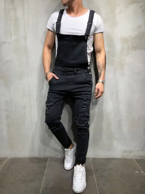 

Ripped Jeans Jumpsuit Men Summer Denim Destroyed Man Rompers Broken Male Fashion Overalls Outfits Clothes Blue Black Jumpsuits