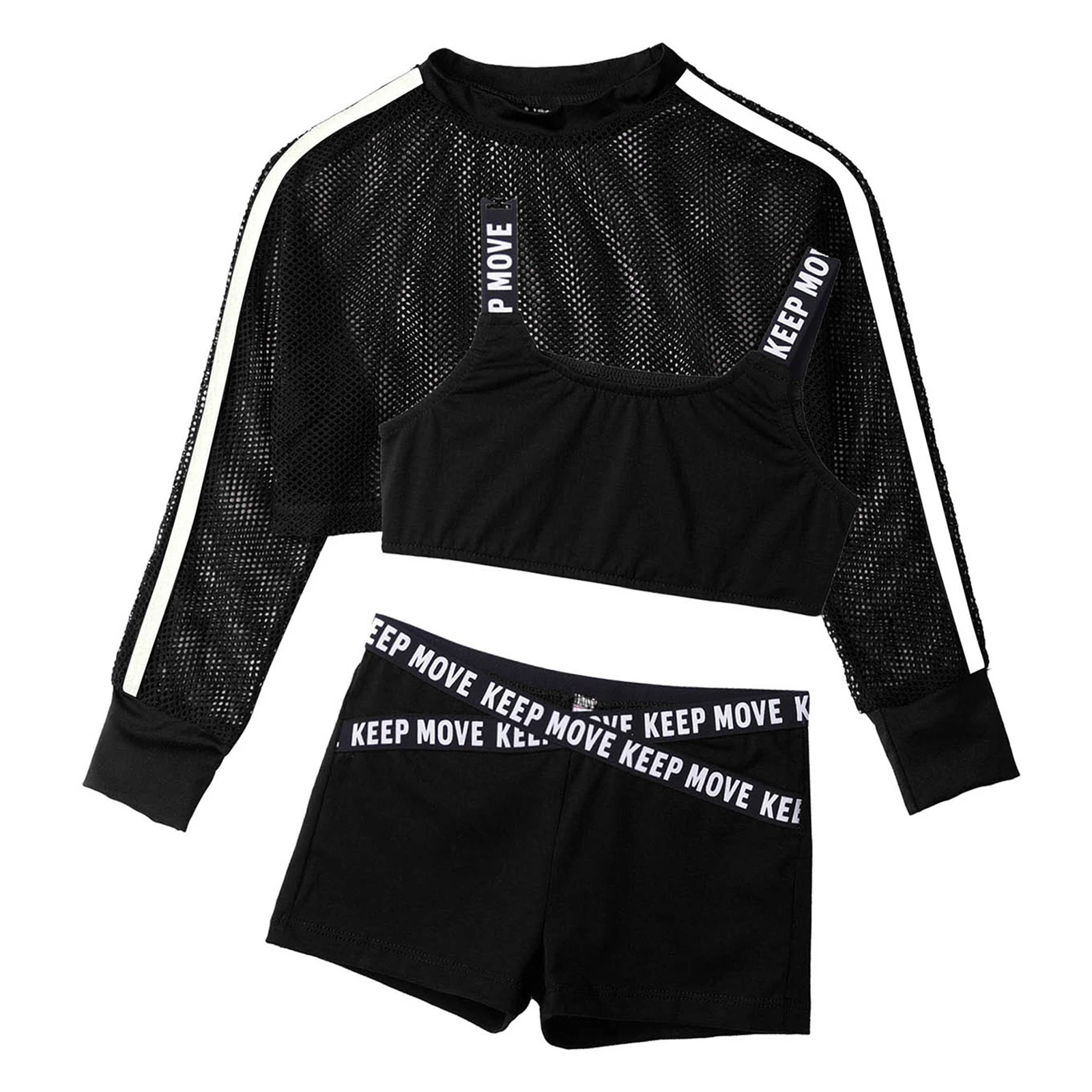 Kids Girls Sport Suit 3Pcs Hip Hop Jazz Dance Costumes Tracksuit Outfits Bra Vest Crop Top With Net Cover Up Tops And Shorts Set