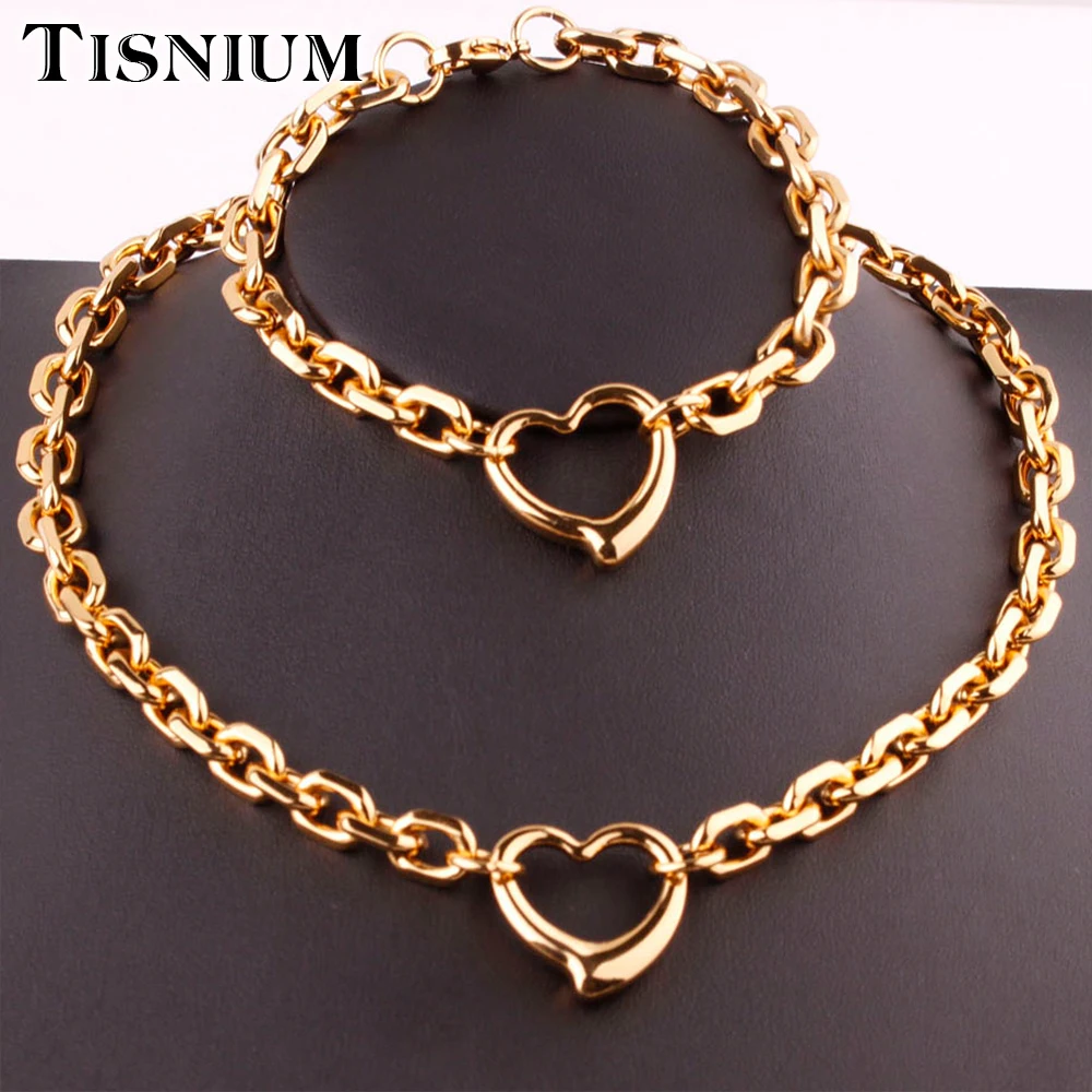

Tisnium Gothic Chain Necklace Bracelet For Man Woman Heart-Shaped Pendant Stainless Steel Jewelry wholesale Friends Gift Choker