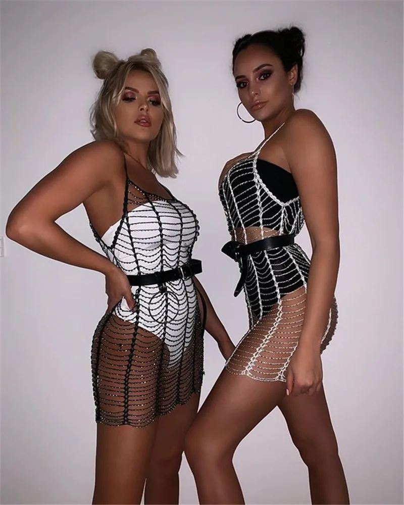 BKLD сексуальное платье с бриллиантами женское без рукавов просвечивающее