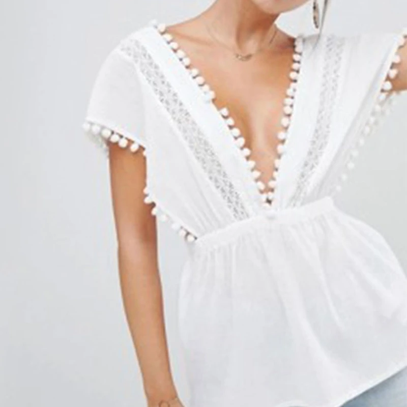 

Women Summer Solid Color V Neck Lace Stitching Hollow Backless Sexy Tops Ladies Casual Short Sleeve Pullover