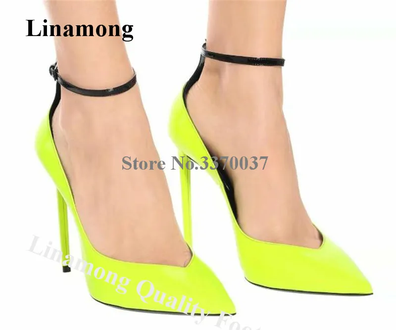 Linamong New Neon Yellow Stiletto Heel V-open Pumps Patent Leather Ankle Straps Patchwork High Heels Formal Dress Wedding Shoes | Обувь