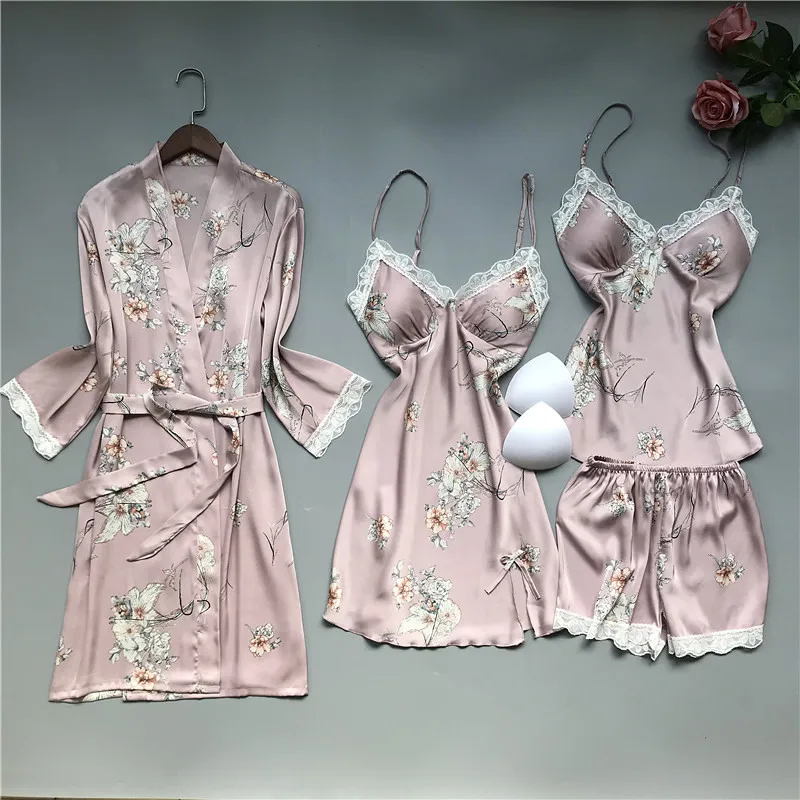 

Spring Sexy Lace Trim Flower Printed Satin Silk 4/2/1Pcs Pajamas Sleepwear Homewear Sleep Lounge With Chest Pads Nightwear