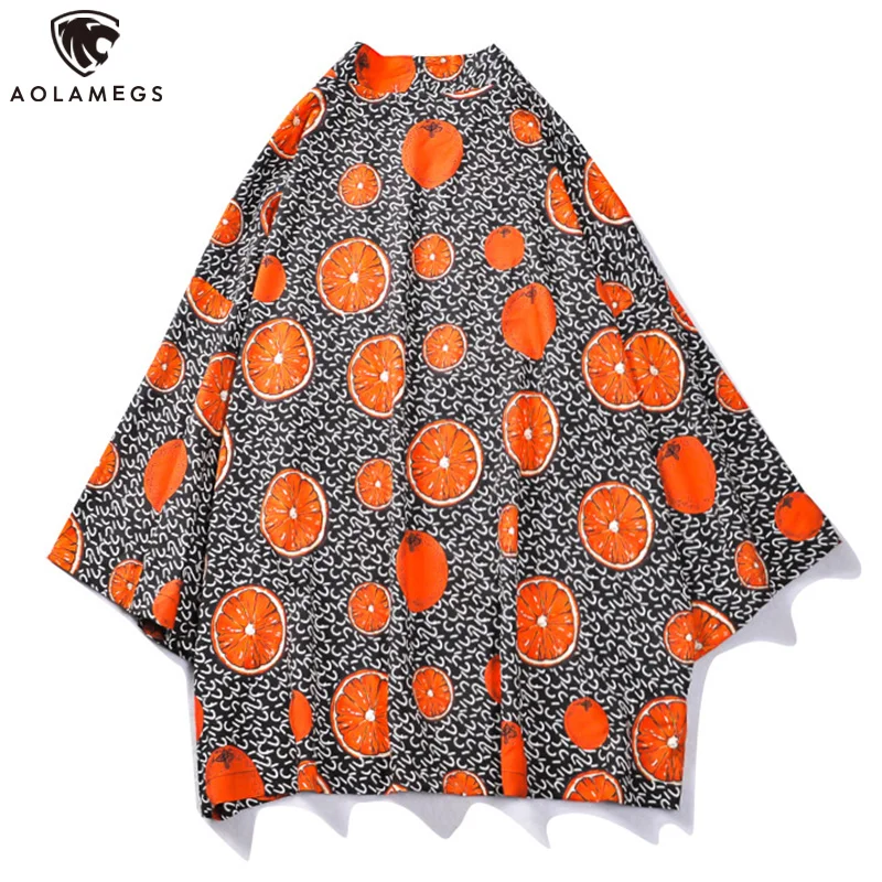 

Aolamegs Cardigan Kimonos Men Orange Print Shirt Blouse Kimonos Women Japanese Yukata Robe Summer Beach Sunscreen Casual Jacket