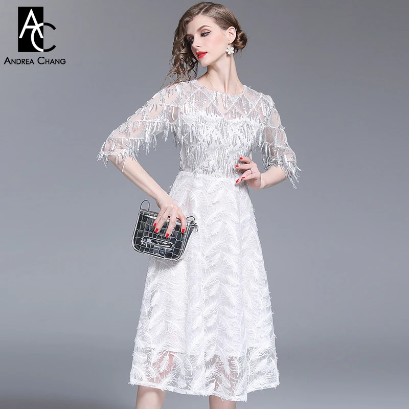 S xxl весенне летнее женское платье украшенное бисером с кисточками перьями