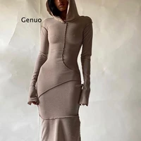 sexy contrast stitch hooded long sleeve t shirt dresses for women casual fashion khaki bodycon maxi dress