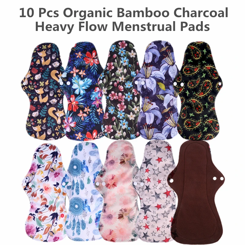 

Risunnybaby 10pcs Organic Bamboo Charcoal Washable Hygiene Menstrual Pads Heavy Flow Sanitary Pads Lady Cloth Pad Reusable Pads