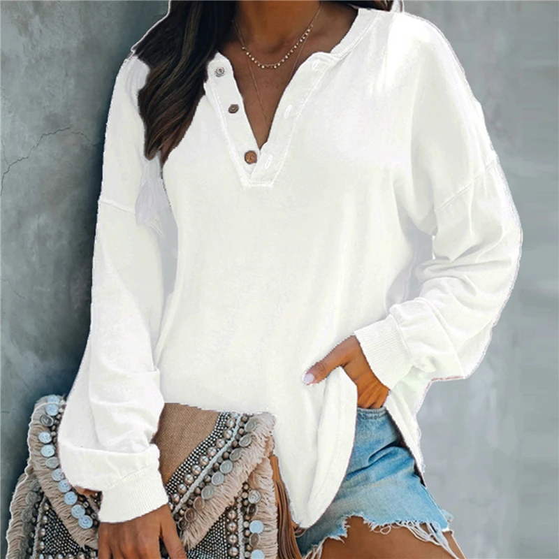 

New Autumn Women T-shirts Fall Tops Tees Female Cute Sweet Buttoned Up V-Neck Solid Casual T-shirts For Women