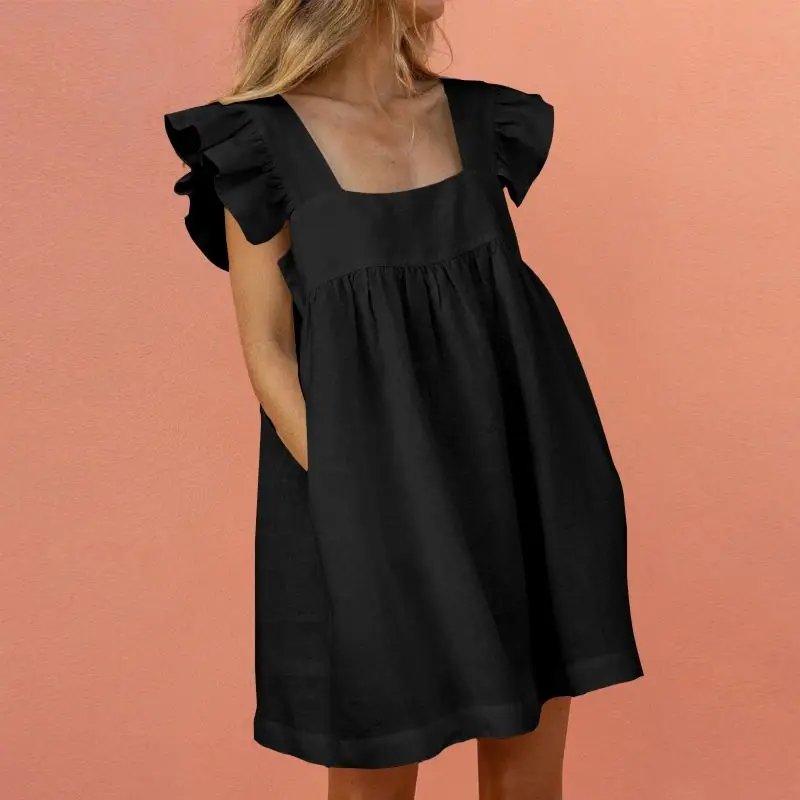 

VONDA Women Holiday Party Dress 2022 Sexy Sleeveless Butterfly Sleeve Square Collar Ruffled Mini Dress Casual Vestido