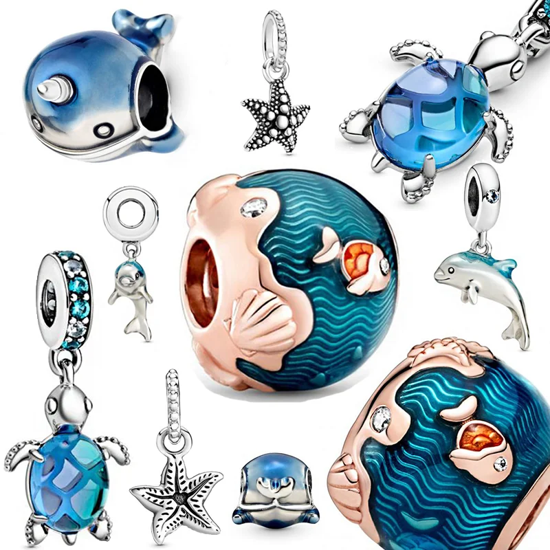 

5 Style Classic 925 Sterling Silver Beads Exquisite Ocean Blue Big Zircon Turtle Oendants Fit Original Pandora Bracelets Gifts