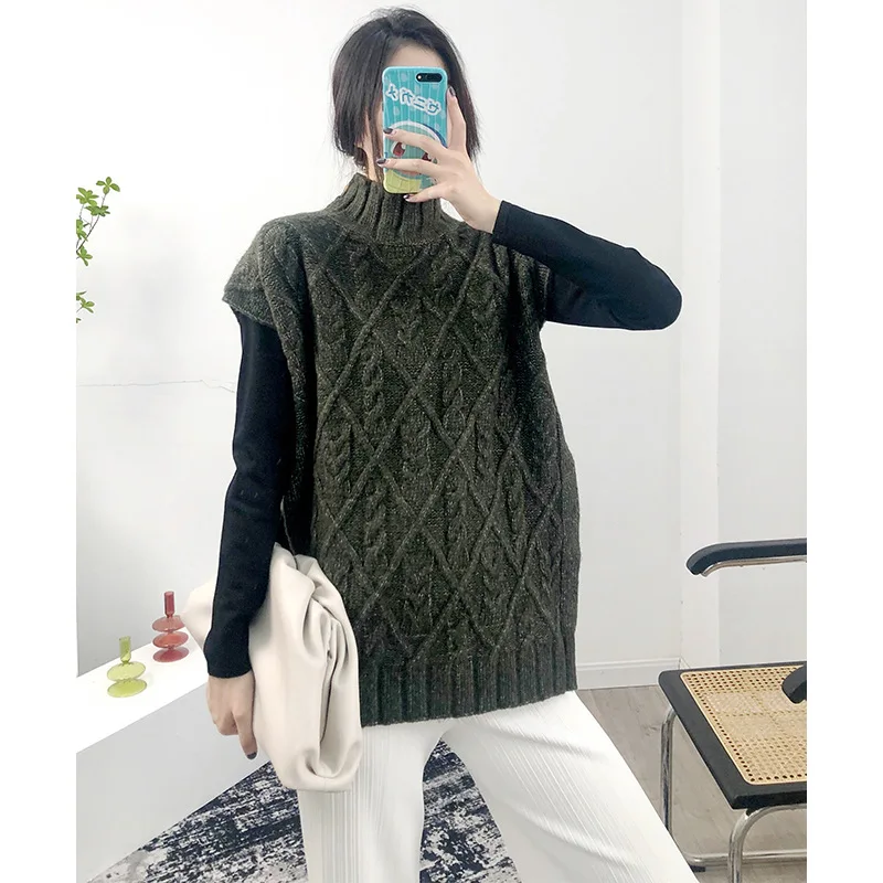 

Turtleneck Women Knit Vest Sleeveless Solid Color Simple Hem Split Knit Tops 2020 Autumn New