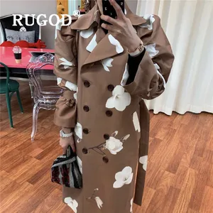 RUGOD 2019 женский плащ с отложным воротником двубортный свободный длинный Стильный ветрозащитный плащ с поясом модный Женский Тренч