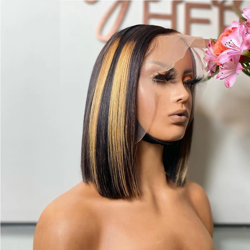 

Highlight Color Summer Middle Ratio Silky Straight Blunt Cut Short Bob Human Hair Adjustable Strap Transparent Lace Front Wig