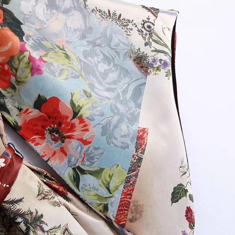 

Women Vintage Patchwork Print Sashes Side Slit Kimono Shirt Female Flare Sleeve Blouse Casual Lady Loose Tops Blusas S9122