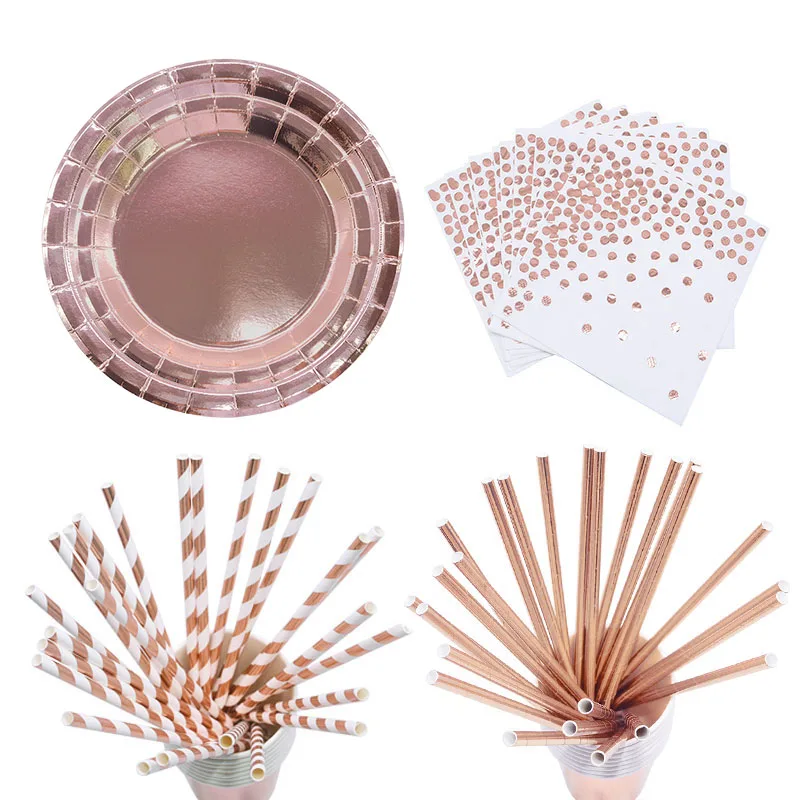 

Rose Gold Plates Paper Cups Straws Napkin Disposable Tableware Set Birthday Party Decoration Supplies Baby Shower Party Supplies