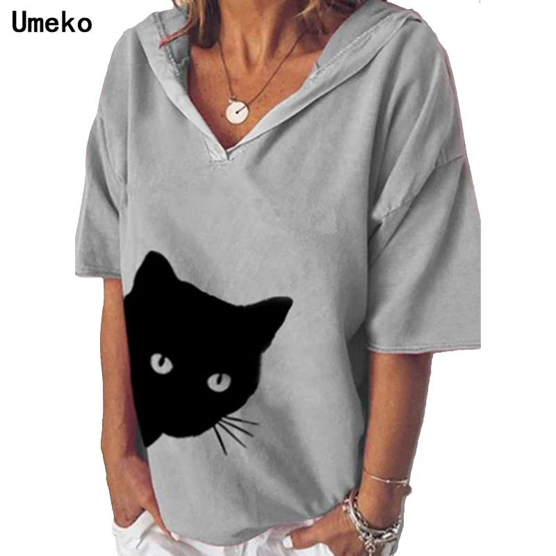 

Umeko 2020 Autumn and Winter Women Fashion Casual Cat Print V-Neck Half Sleeve Blouses Hooded Pullovers T-shirt Tops Plus Size