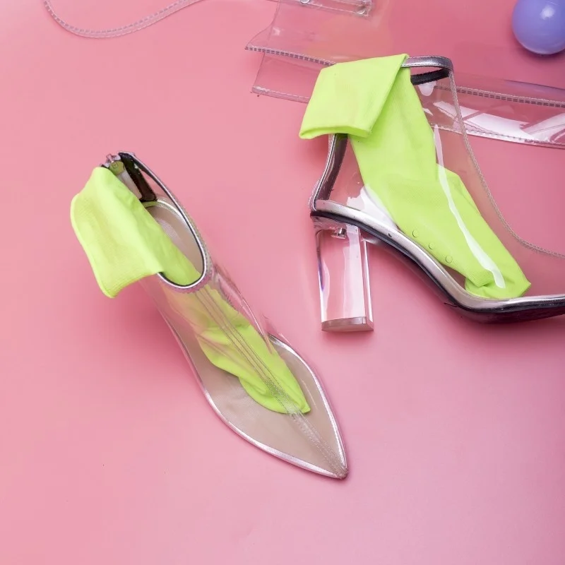 

Новинка, прозрачные осенние туфли на каблуке, модные высокие красные сетчатые короткие сапоги, женские полусапожки