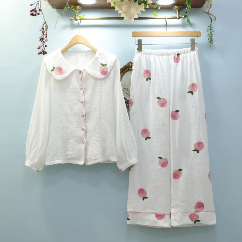 

Spring and Autumn Women's Pajamas Casual Lace Cotton Korean Style Sleepwear Long Sleeve Peach Embroidered Bow Nightwear Set