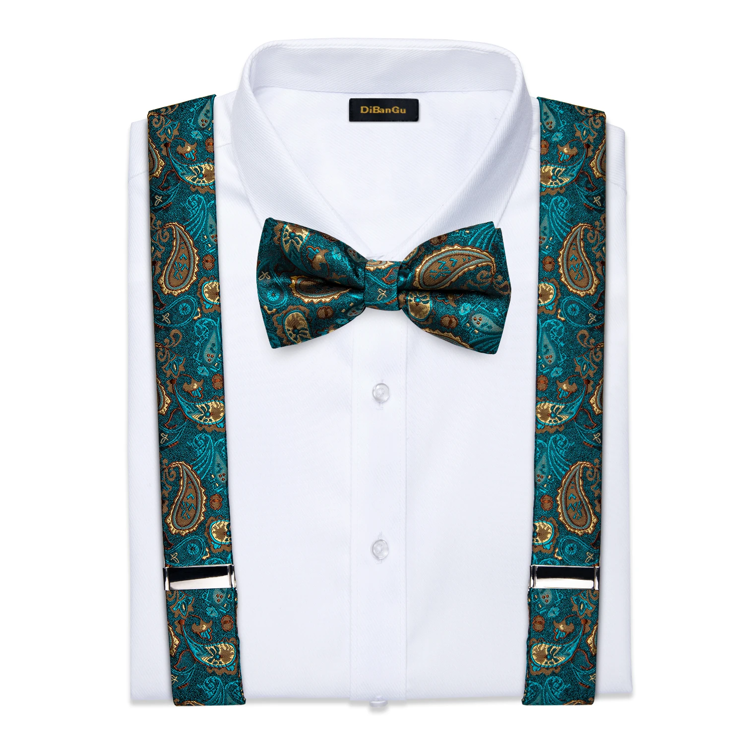 

Men's Suspenders Bow Tie Set Leather Metal 6 Clips Braces Teal Greeen Paisley Floral Silk Suspenders Trousers Strap DiBanGu