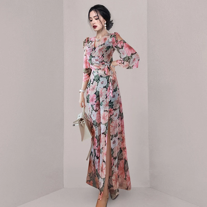 

JSXDHK Elegant Summer 2 Piece Set Women Off Shoulder Lace Up Bow Polka Dot White Chiffon Short Tops + Split Wide Leg Pants Suit