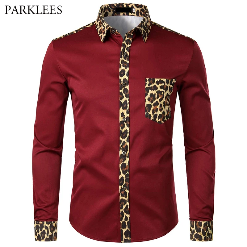 Men Splice Leopard Printed Shirt with Pocket Dress Long Sleeve Fashion Brand Mens Button Shirts Camisas Hombre USA | Мужская одежда