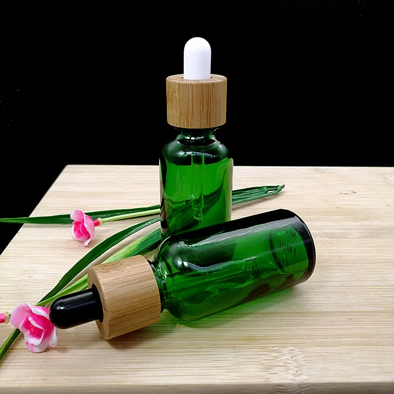green glass dropper essential oil bottle pipette bottles cosmetic packaging with eco friendly bamboo cap wood lid 5/10/15/30ml