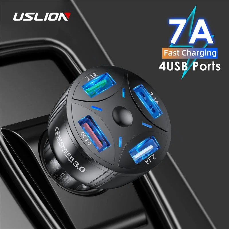 Автомобильное зарядное устройство USLION с 4 USB-портами, LED, 7A, 48 Вт, быстрая мини-зарядка для iPhone 12, 11, Xiaomi, Huawei, автомобильное зарядное устройство, адаптер