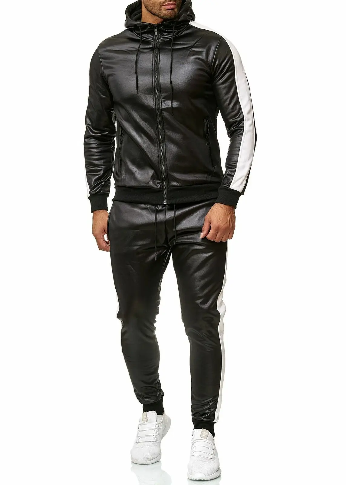 

New Men's PU Leather Winter Tracksuits Men Set Thicken Hoodies + Pants Suit Winter Casual Sweatsuit Male Hoodie Sporting Suit