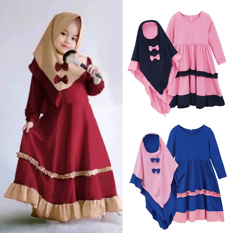 

Girl Dubai Abaya Dress Kids Islam Muslim Islamic Clothing Turban Hat Scarf Children Moroccan Kaftan Robe Carnival Party Costumes