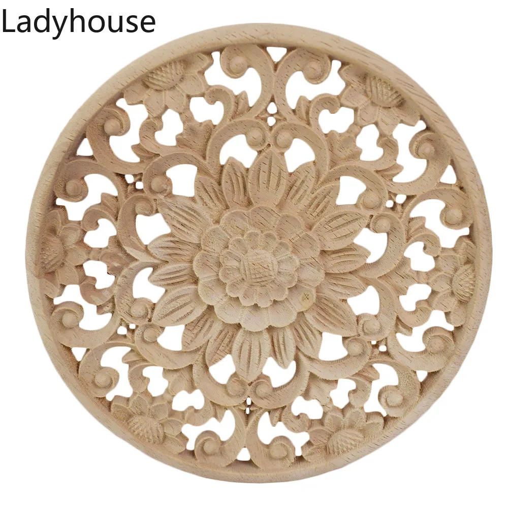 

2PCS 10/15/20/24/30cm Carved Flower Round Wood Appliques for Furniture Cabinet Unpainted Wooden Mouldings Decal Decor Figurines