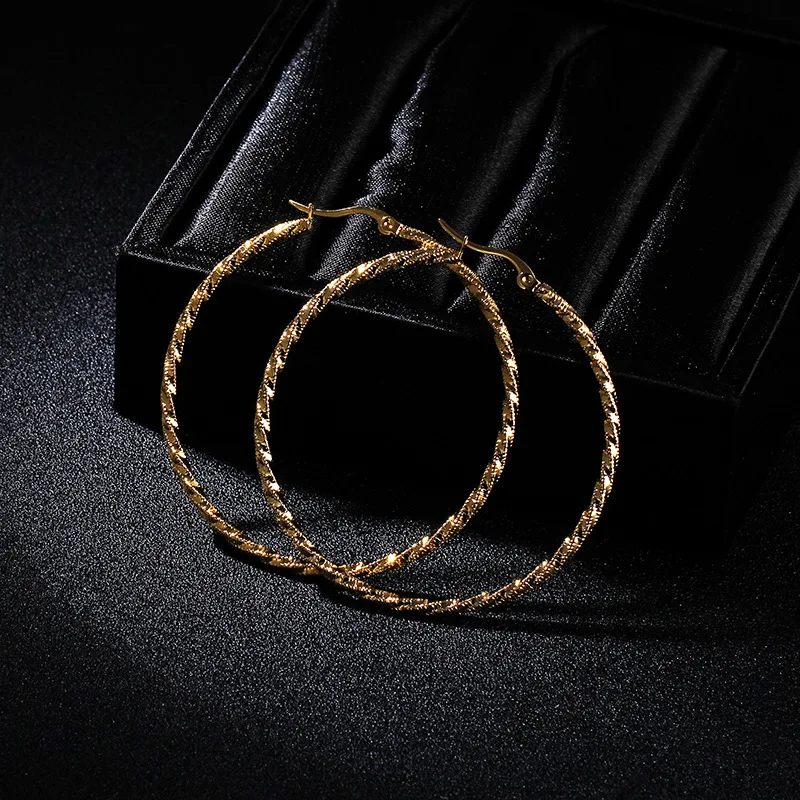 E0962 5.5cm Женские серьги-кольца для девочек, 5,5 см, золотые серьги из нержавеющей стали резной волной, витые креольные петлевые серьги, большие круглые вечерние ювелирные изделия - Окраска металла: E0962 5.5cm
