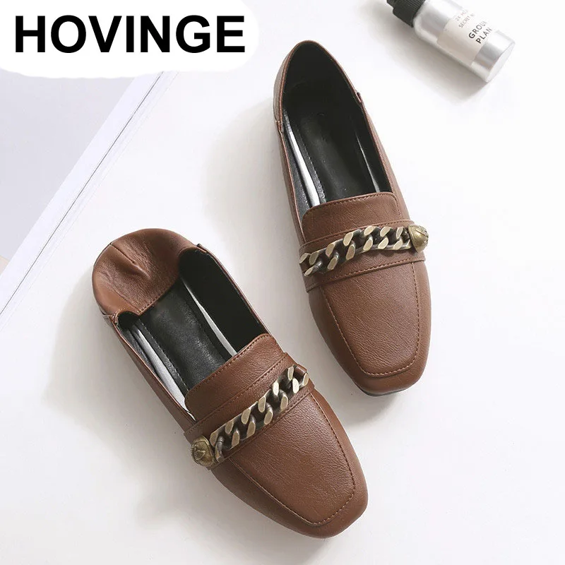 

HOVINGE Woman Shoes Casual Flats Loafers Metal Chain Square toe Slides Slip on Zapatos mujer Plus Size Mocasine Black Army