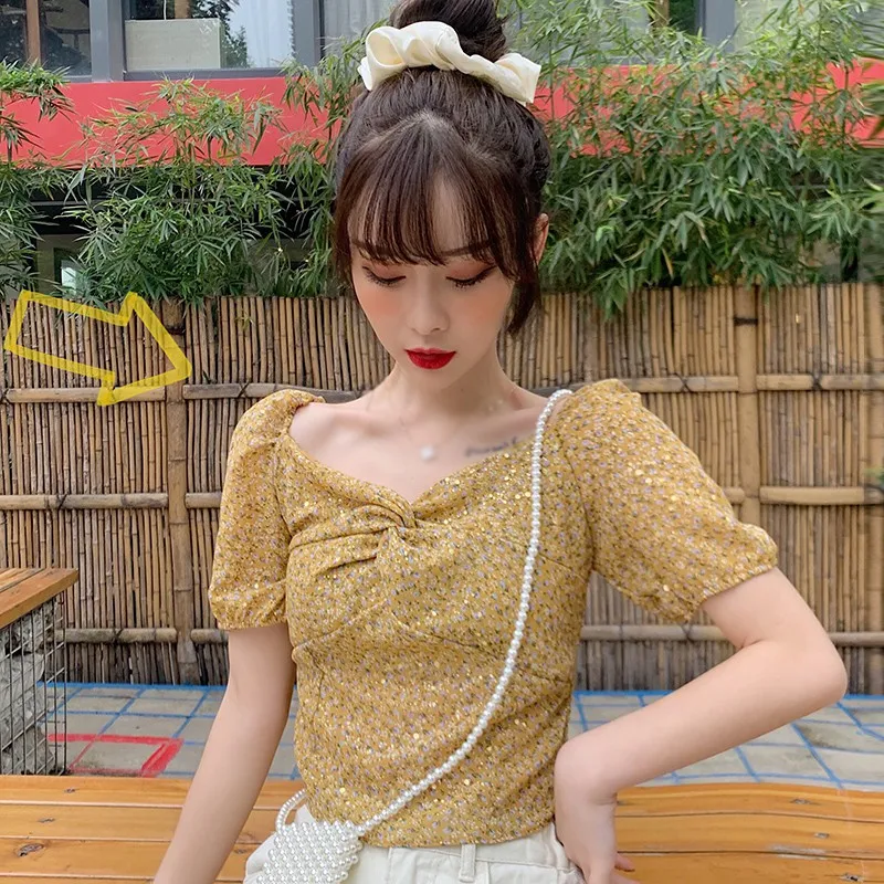 

Korean style Blouse Small Floral Print V-Neck Sexy Sweet Short Sleeve Chiffon Shirt