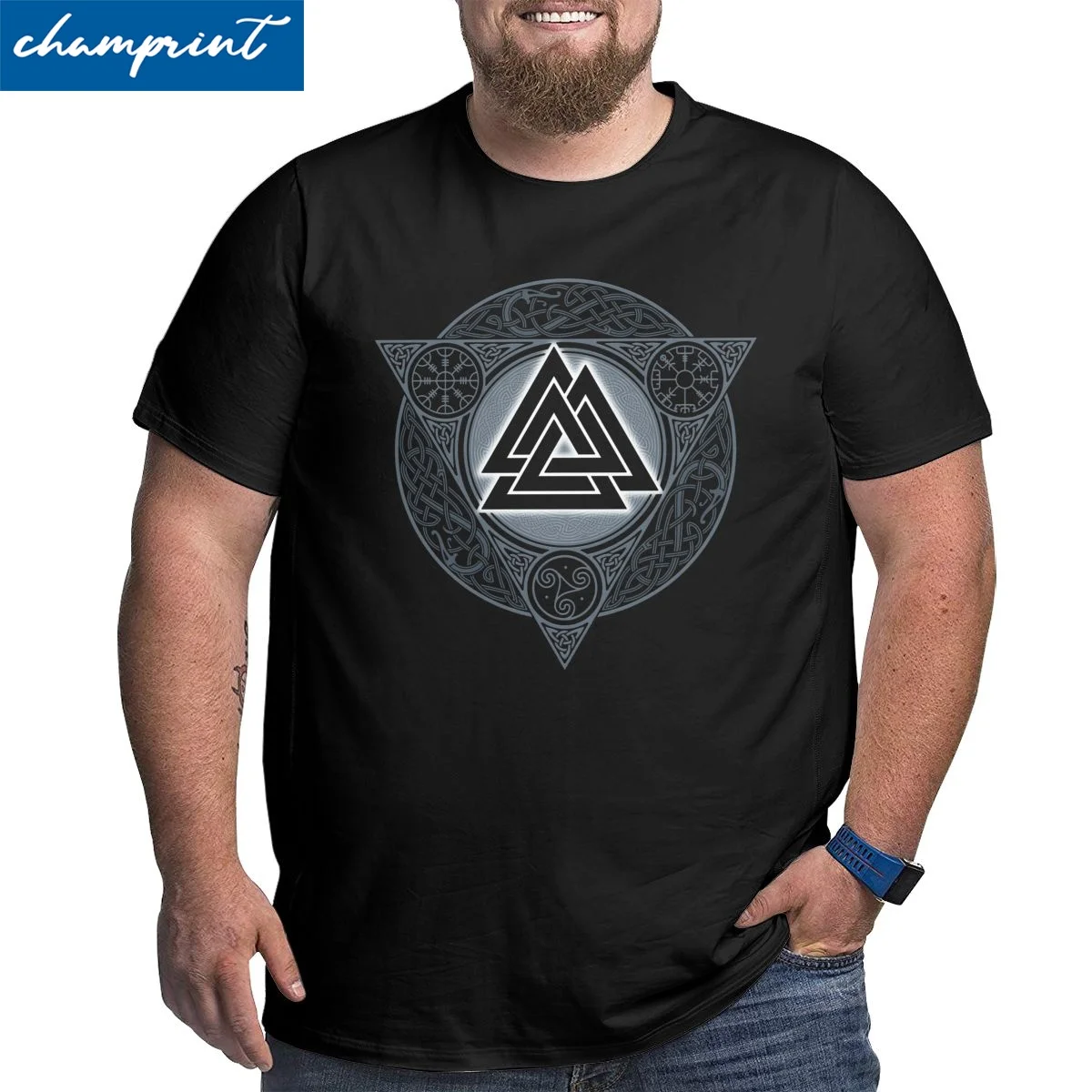 

Men Valknut Ice Flame Vikings Valhalla Odin T Shirts Cotton Top Short Sleeve Round Neck Big Tall Tees Large 4XL 5XL 6XL T-Shirts