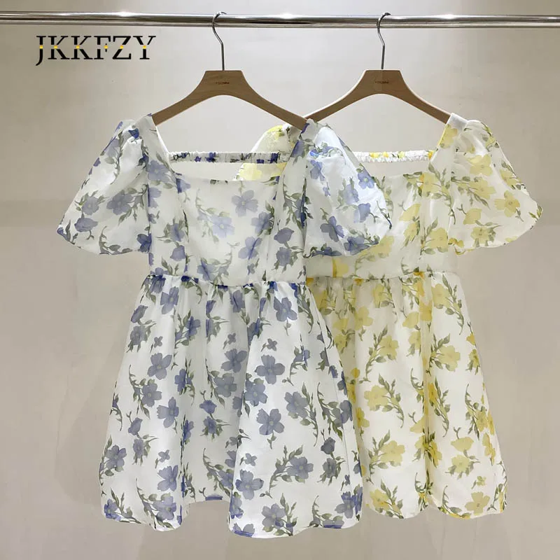 

Retro Refreshing Square Collar Printing Puff Sleeve Floral Dress Women's 2021 Summer Waist Backless Loose Dresses