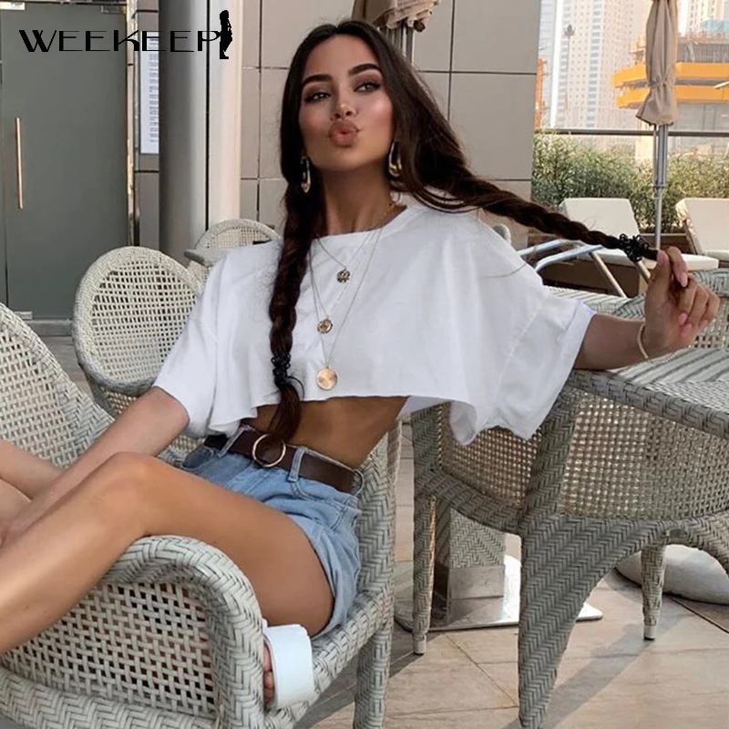 

Weekeep White Solid Casual Women Crop Top Summer 2021 Short Sleeve Oversized T Shirts Streetwear Ladies Fashion Tee Top Harajuku